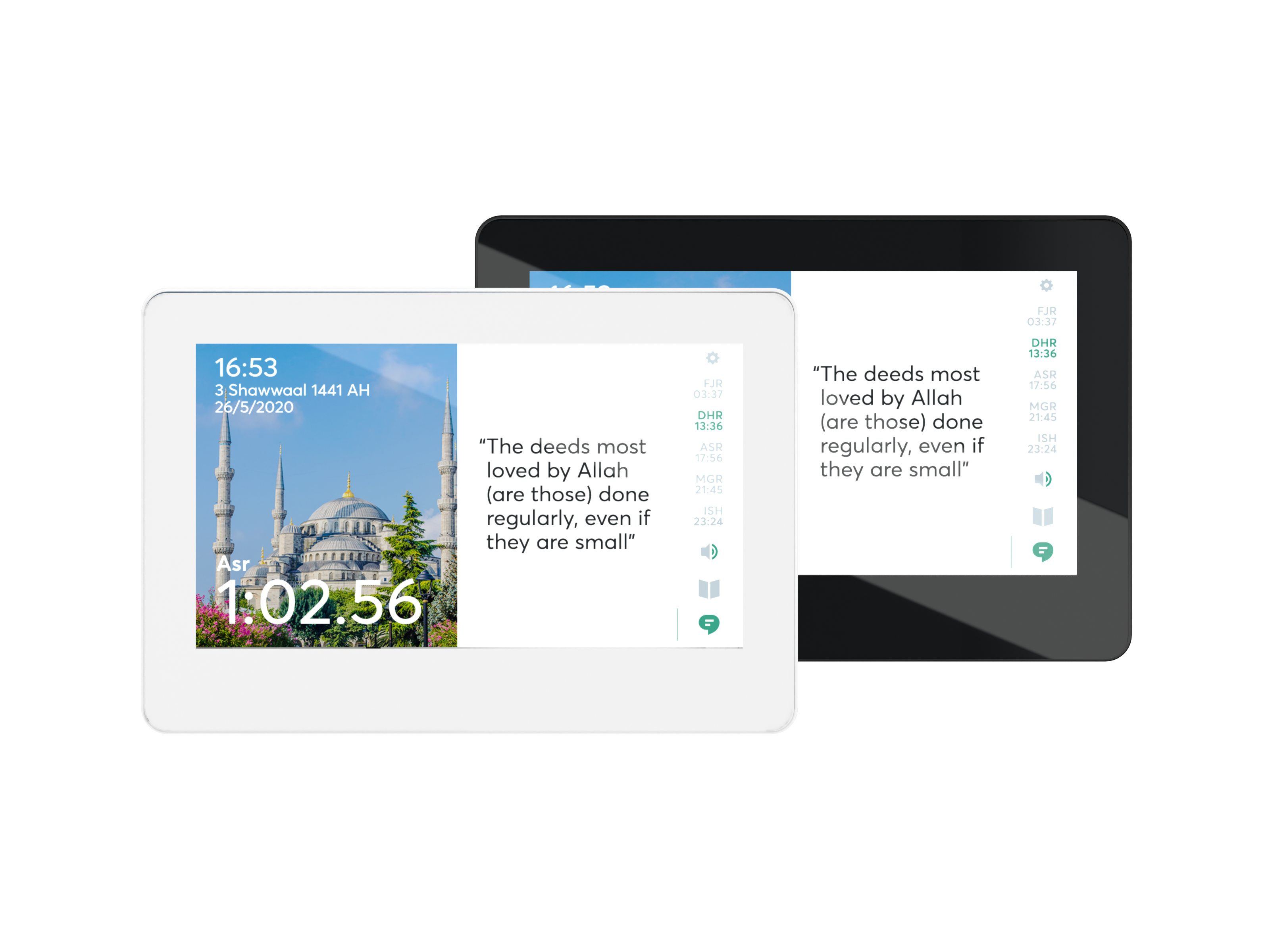 Bilaal 1 in white and black, showing prayer times and daily reminders